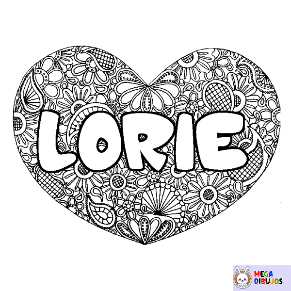 Coloración del nombre LORIE - decorado mandala de coraz&oacute;n