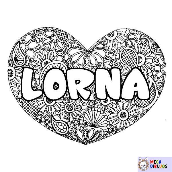 Coloración del nombre LORNA - decorado mandala de coraz&oacute;n