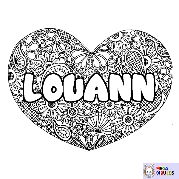 Coloración del nombre LOUANN - decorado mandala de coraz&oacute;n