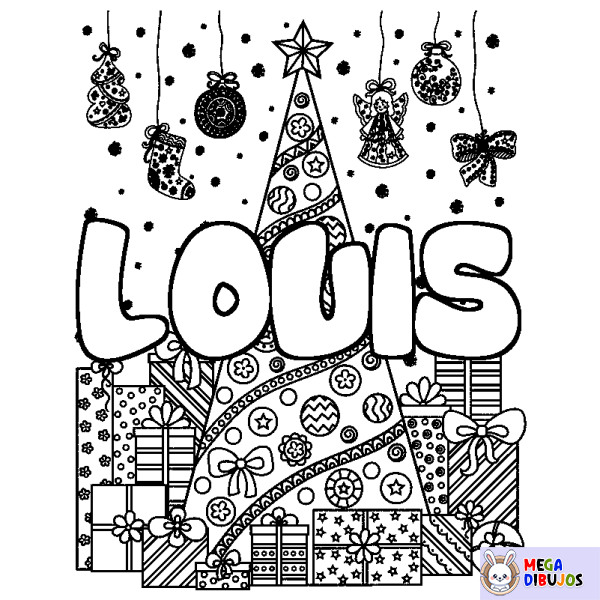 Coloración del nombre LOUIS - decorado &aacute;rbol de Navidad y regalos