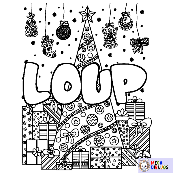 Coloración del nombre LOUP - decorado &aacute;rbol de Navidad y regalos