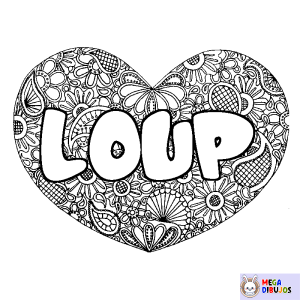 Coloración del nombre LOUP - decorado mandala de coraz&oacute;n