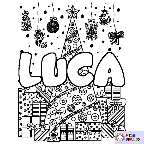 Coloración del nombre LUCA - decorado &aacute;rbol de Navidad y regalos