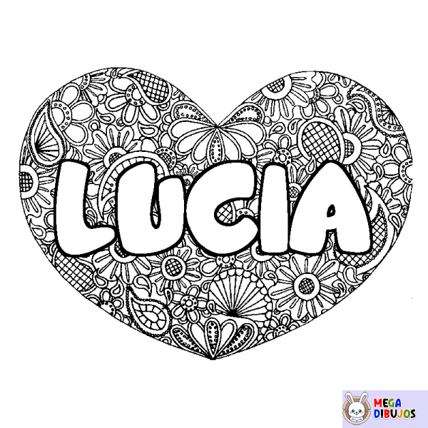 Coloración del nombre LUCIA - decorado mandala de coraz&oacute;n