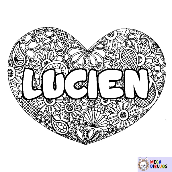 Coloración del nombre LUCIEN - decorado mandala de coraz&oacute;n