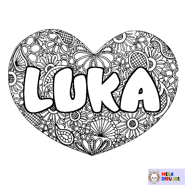 Coloración del nombre LUKA - decorado mandala de coraz&oacute;n