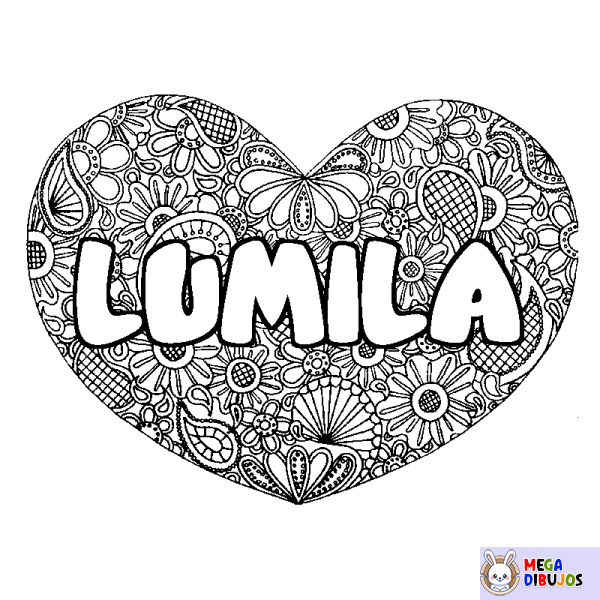 Coloración del nombre LUMILA - decorado mandala de coraz&oacute;n