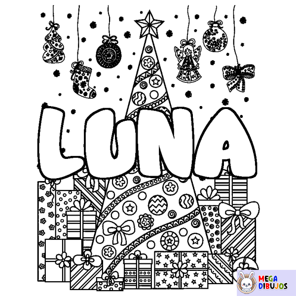 Coloración del nombre LUNA - decorado &aacute;rbol de Navidad y regalos