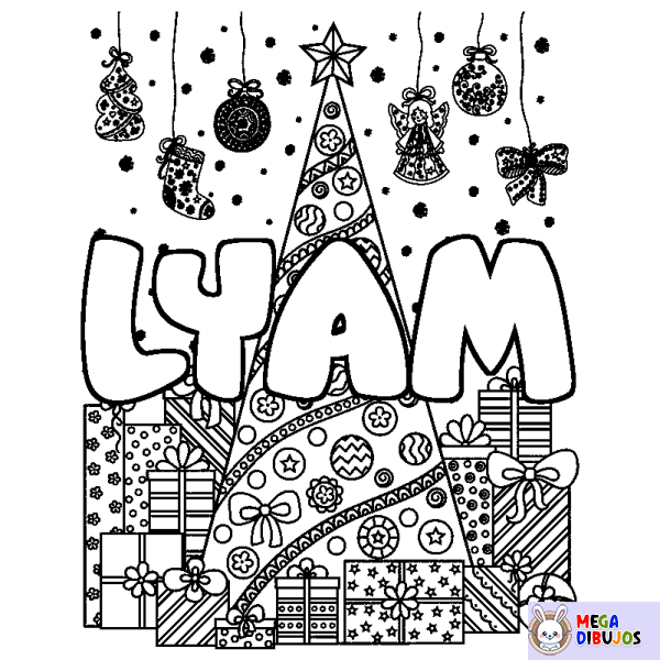 Coloración del nombre LYAM - decorado &aacute;rbol de Navidad y regalos