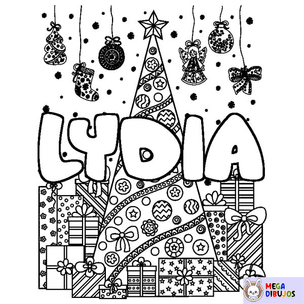 Coloración del nombre LYDIA - decorado &aacute;rbol de Navidad y regalos