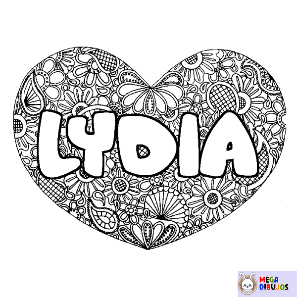 Coloración del nombre LYDIA - decorado mandala de coraz&oacute;n