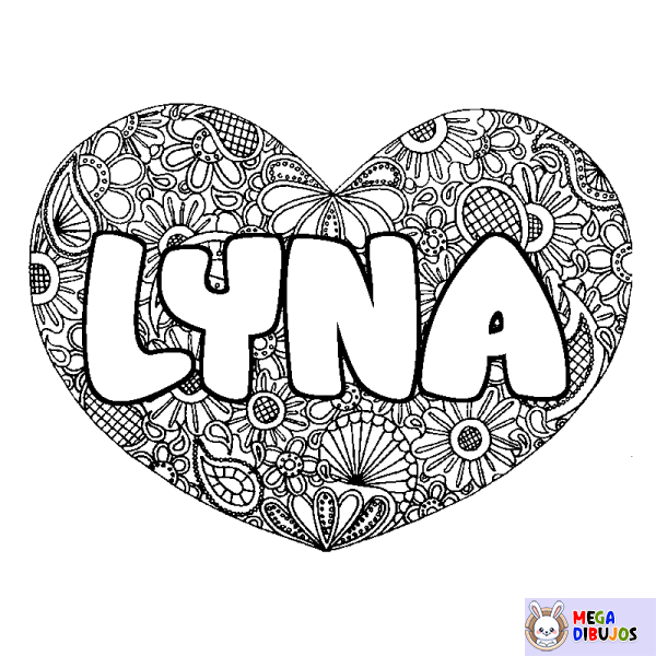 Coloración del nombre LYNA - decorado mandala de coraz&oacute;n