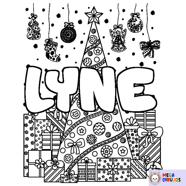 Coloración del nombre LYNE - decorado &aacute;rbol de Navidad y regalos