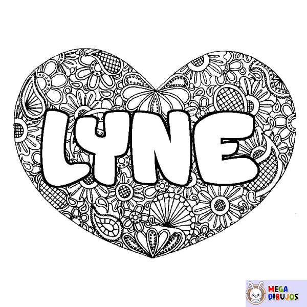 Coloración del nombre LYNE - decorado mandala de coraz&oacute;n