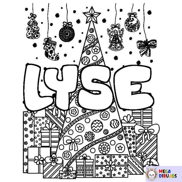 Coloración del nombre LYSE - decorado &aacute;rbol de Navidad y regalos