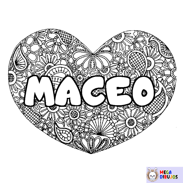 Coloración del nombre MACEO - decorado mandala de coraz&oacute;n