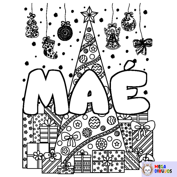 Coloración del nombre MA&Eacute; - decorado &aacute;rbol de Navidad y regalos