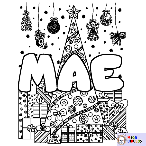 Coloración del nombre MAE - decorado &aacute;rbol de Navidad y regalos