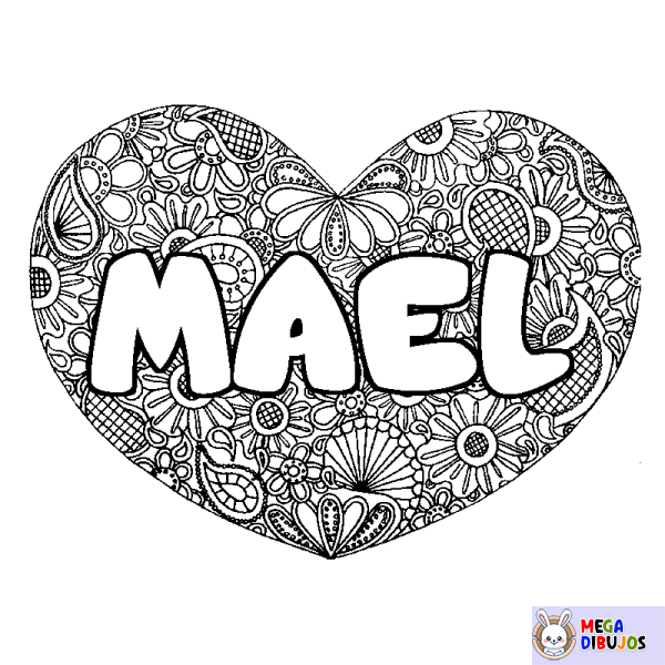 Coloración del nombre MAEL - decorado mandala de coraz&oacute;n