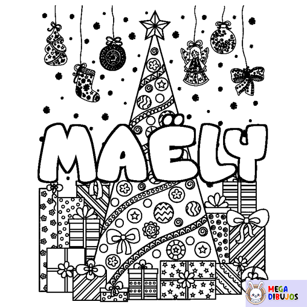 Coloración del nombre MA&Euml;LY - decorado &aacute;rbol de Navidad y regalos