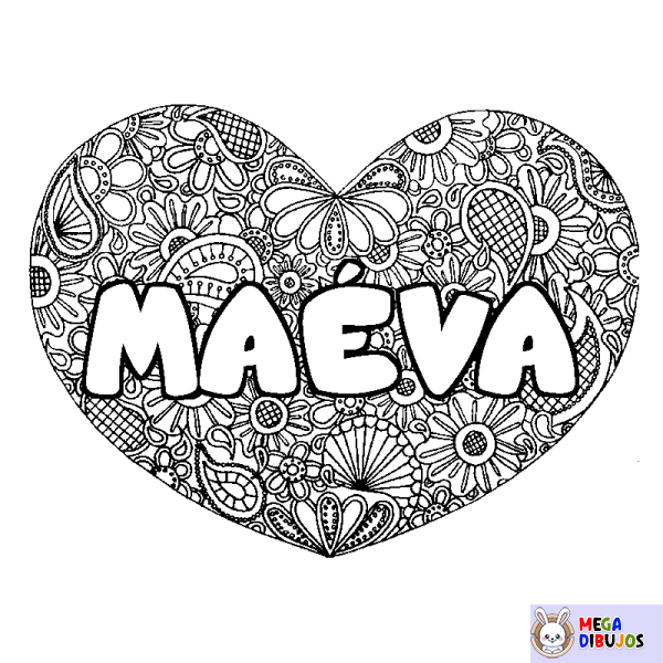 Coloración del nombre MA&Eacute;VA - decorado mandala de coraz&oacute;n