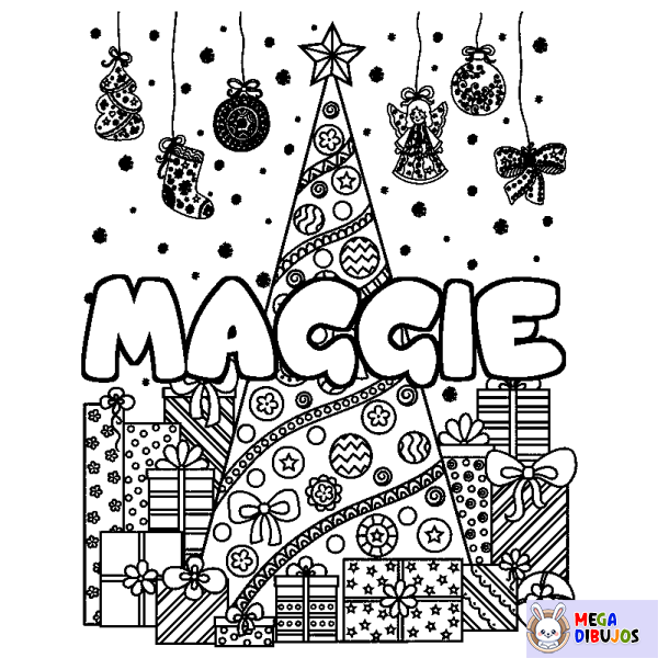 Coloración del nombre MAGGIE - decorado &aacute;rbol de Navidad y regalos