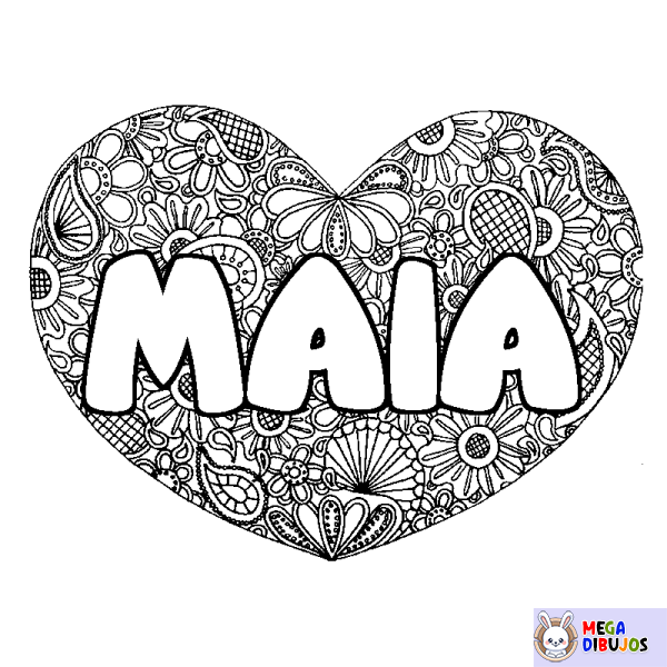 Coloración del nombre MAIA - decorado mandala de coraz&oacute;n