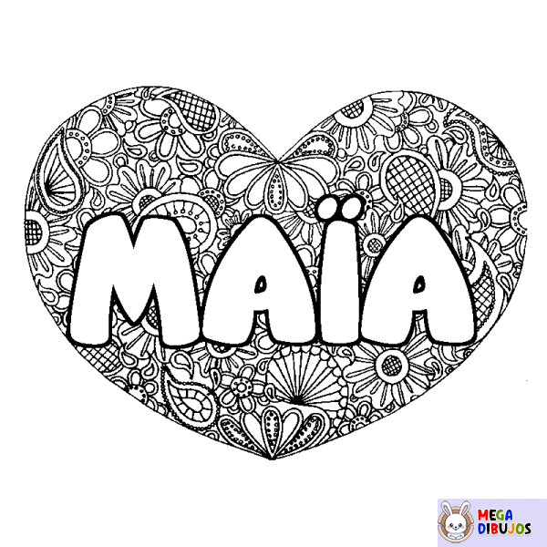 Coloración del nombre MA&Iuml;A - decorado mandala de coraz&oacute;n