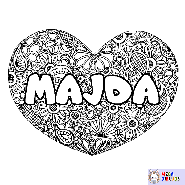 Coloración del nombre MAJDA - decorado mandala de coraz&oacute;n