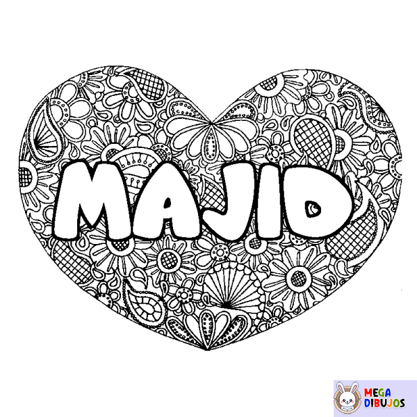 Coloración del nombre MAJID - decorado mandala de coraz&oacute;n