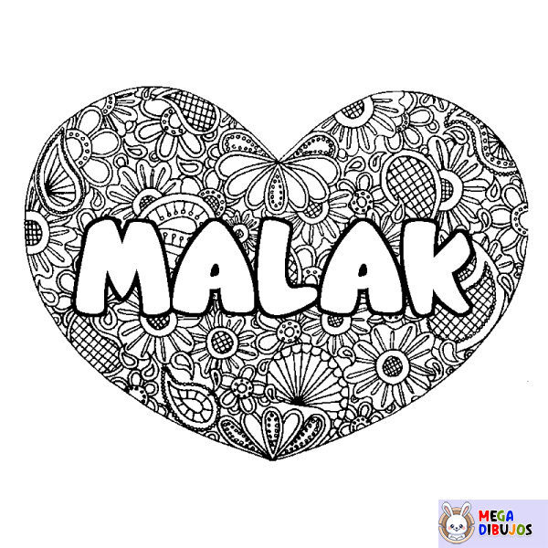 Coloración del nombre MALAK - decorado mandala de coraz&oacute;n