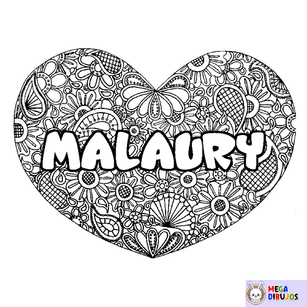 Coloración del nombre MALAURY - decorado mandala de coraz&oacute;n