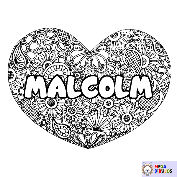 Coloración del nombre MALCOLM - decorado mandala de coraz&oacute;n