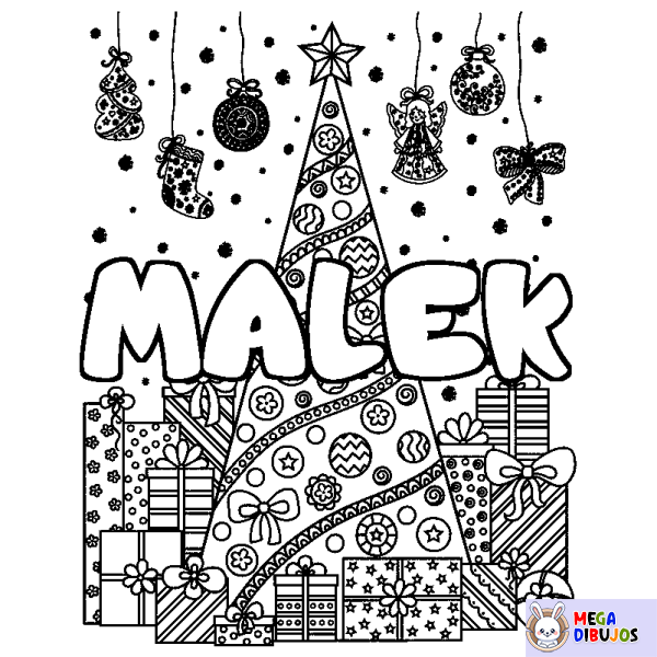 Coloración del nombre MALEK - decorado &aacute;rbol de Navidad y regalos