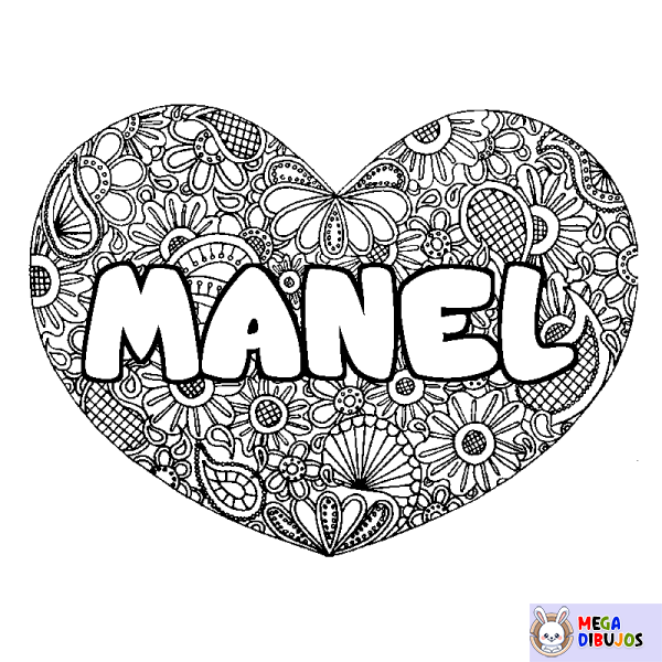 Coloración del nombre MANEL - decorado mandala de coraz&oacute;n