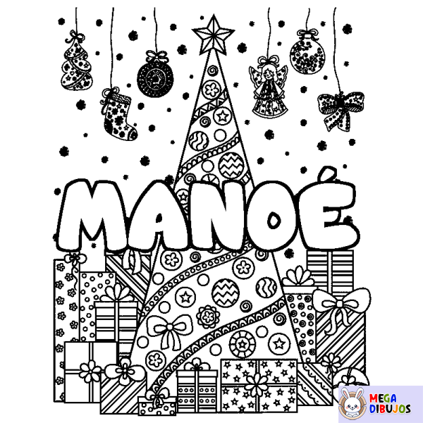 Coloración del nombre MANO&Eacute; - decorado &aacute;rbol de Navidad y regalos