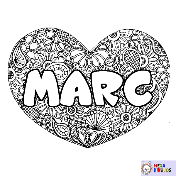 Coloración del nombre MARC - decorado mandala de coraz&oacute;n