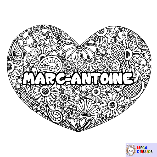 Coloración del nombre MARC-ANTOINE - decorado mandala de coraz&oacute;n