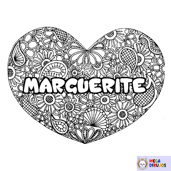 Coloración del nombre MARGUERITE - decorado mandala de coraz&oacute;n