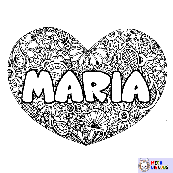 Coloración del nombre MARIA - decorado mandala de coraz&oacute;n