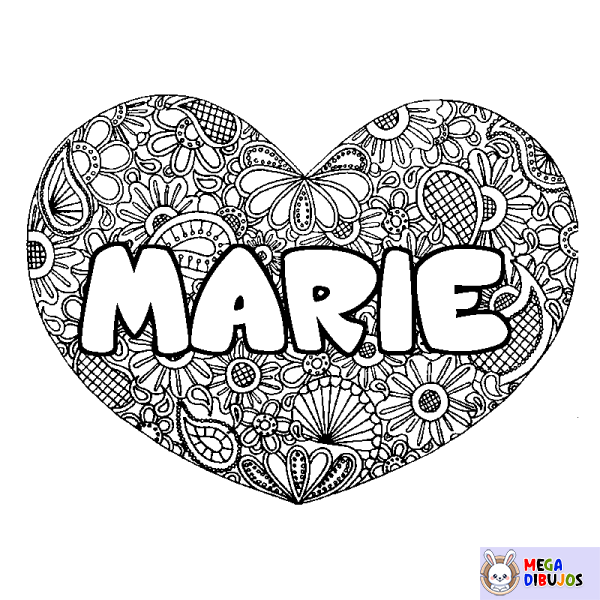 Coloración del nombre MARIE - decorado mandala de coraz&oacute;n