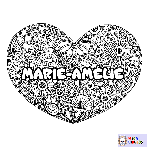 Coloración del nombre MARIE-AM&Eacute;LIE - decorado mandala de coraz&oacute;n