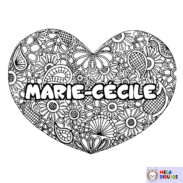 Coloración del nombre MARIE-C&Eacute;CILE - decorado mandala de coraz&oacute;n