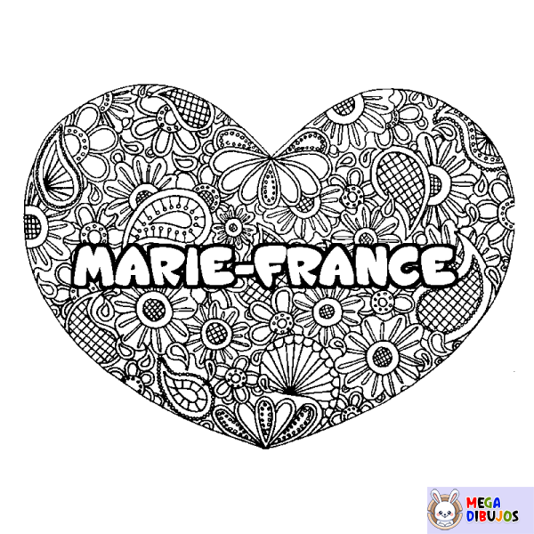 Coloración del nombre MARIE-FRANCE - decorado mandala de coraz&oacute;n