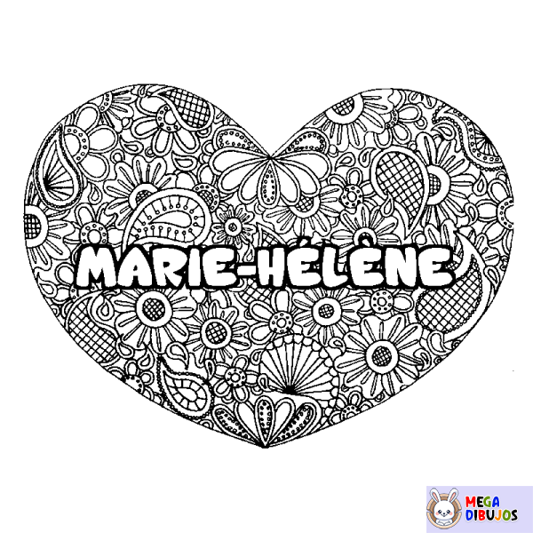 Coloración del nombre MARIE-H&Eacute;L&Egrave;NE - decorado mandala de coraz&oacute;n