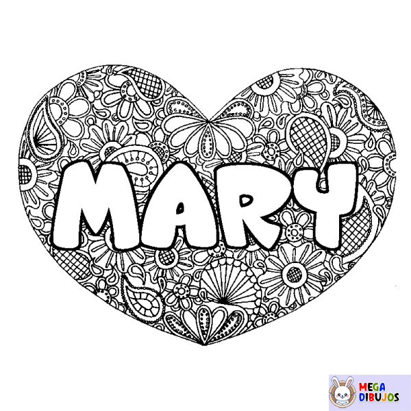 Coloración del nombre MARY - decorado mandala de coraz&oacute;n