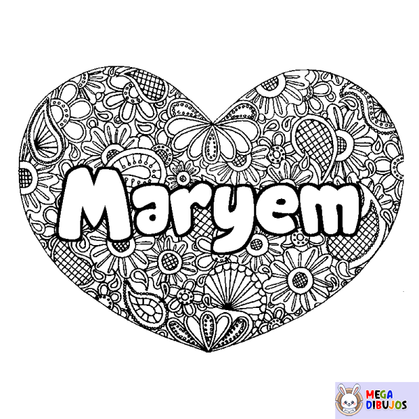 Coloración del nombre Maryem - decorado mandala de coraz&oacute;n