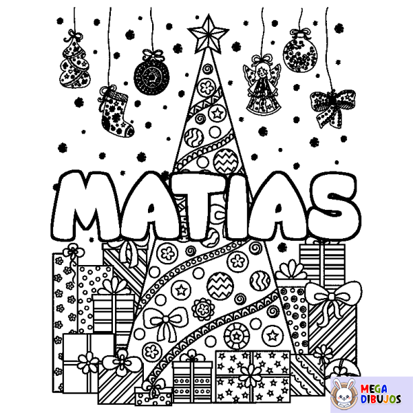 Coloración del nombre MATIAS - decorado &aacute;rbol de Navidad y regalos