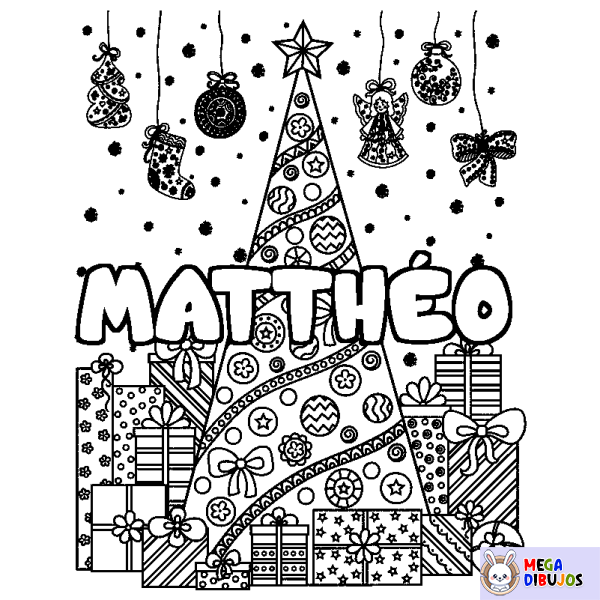 Coloración del nombre MATTH&Eacute;O - decorado &aacute;rbol de Navidad y regalos