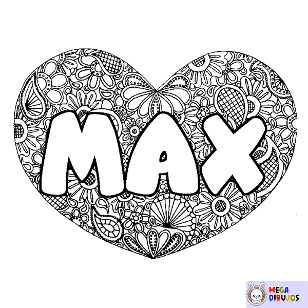 Coloración del nombre MAX - decorado mandala de coraz&oacute;n